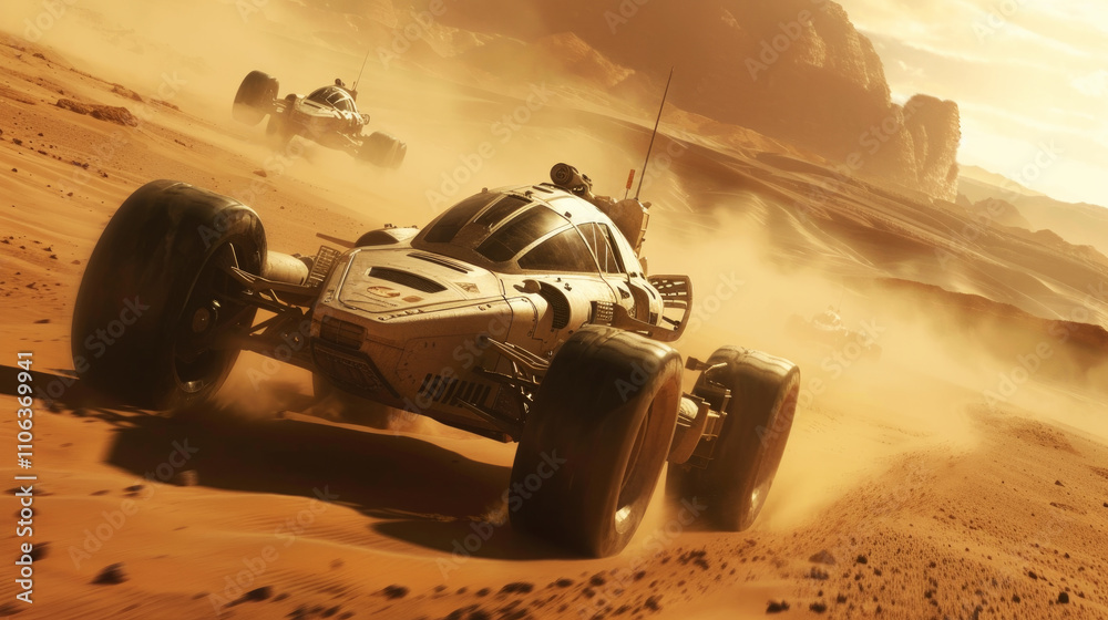 Futuristic vehicle race on space planet like Mars, old rovers drive on ...