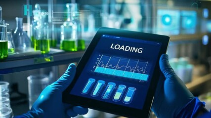Poster - Digital interface displays loading graphic while hands hold tablet in laboratory with colorful chemical solutions