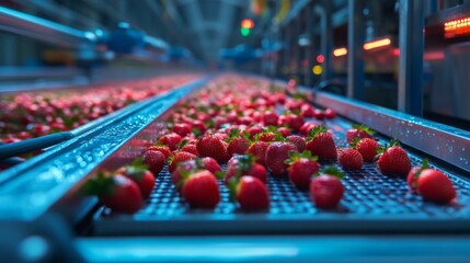 Poster - Fresh strawberries are being processed on a conveyor belt in a busy factory. The scene shows vibrant red fruits ready for juicing, highlighting an efficient manufacturing environment.