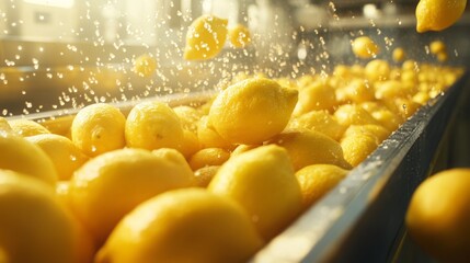 Poster - Freshly harvested lemons are being washed and prepared for juice production in a large facility.