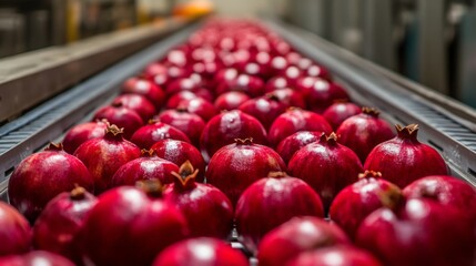 Aufkleber - Rows of vibrant pomegranates are arranged neatly on a conveyor belt in a juice processing facility. Workers are busy preparing the fruit for juicing, ensuring freshness during the process.
