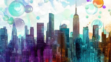 Poster - Colorful abstract skyline with vibrant bubbles showcasing urban landscape