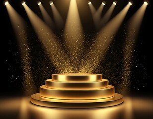 Gold background podium award stage light golden win 3D platform. Background luxury gold podium winner ceremony spotlight star abstract shine prize champion design victory show product template studio