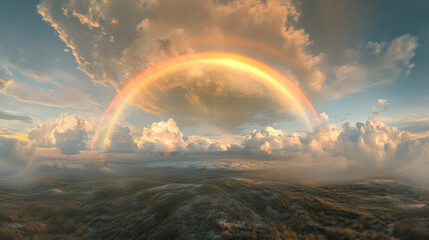 Aufkleber - Vibrant rainbow arching across a sunset sky over misty hills, creating a breathtaking natural spectacle