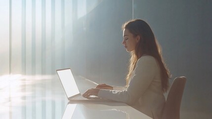 Poster - Woman working on laptop in modern office.