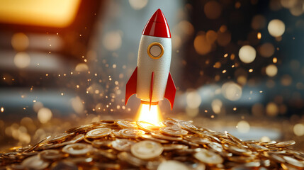 Poster - Rocket launching from a heap of gold coins symbolizing prosperous investments, startups, and financial expansion