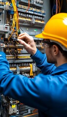 Poster - skilled technician performing maintenance on industrial electrical panel, ensuring power and safety