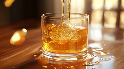 Poster - Delicious juice flows smoothly into a glass filled with ice cubes, creating a refreshing drink. Sunlight filters through a nearby window, enhancing the cozy atmosphere of the moment.