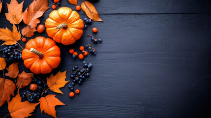 Poster - Two pumpkins, autumn leaves, and berries arranged on a dark wooden background, forming a border with copy space