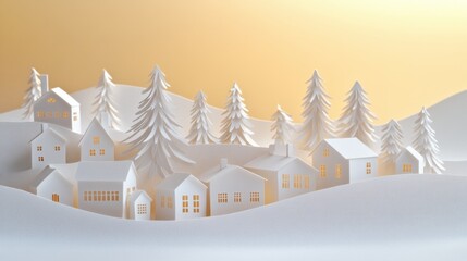 Poster - A charming display of a paper-cut Christmas village featuring illuminated houses and trees set against a soft, snowy background. Generative AI
