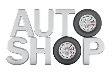 Fototapete - Auto shop text with car wheels. 3D rendering isolated on transparent background
