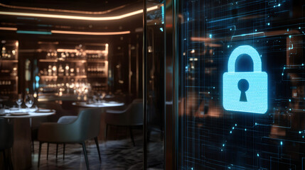 Poster - Futuristic digital interface displaying glowing padlock icon, symbolizing data protection and cybersecurity in modern restaurant setting