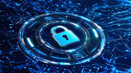 Fototapete - Digital padlock glowing on futuristic circuit board, representing cybersecurity and data protection