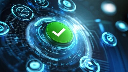 Poster - Dynamic abstract design showcasing a green check mark against a futuristic technology background with glowing elements