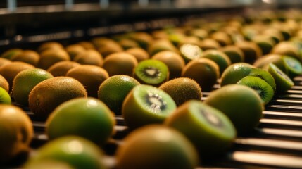 Poster - Rows of ripe kiwis are lined up on a conveyor belt in a juice processing plant. The vibrant green fruit is being prepared for juice extraction, showcasing the efficiency of the operation.