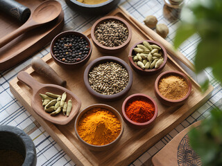 Wall Mural - Spices arranged on wooden trays showcasing vibrant colors and textures in a cozy kitchen setting