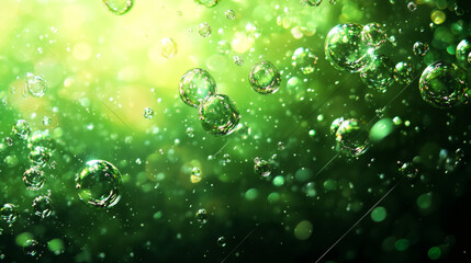 Aufkleber - Abstract background with light rays, bokeh, and green bubbles floating in a clear liquid
