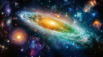 Poster - Vibrant spiral galaxy with nebulae and stars illuminating the vastness of deep space