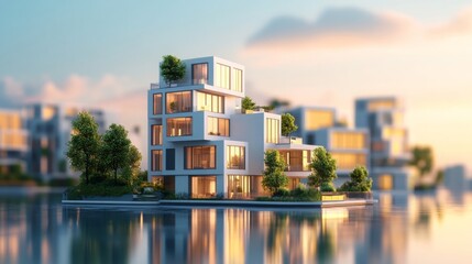 Aufkleber - This stunning waterfront property features contemporary architecture with clean lines and abundant greenery. Surrounded by water, it offers a serene atmosphere ideal for modern living and relaxation.