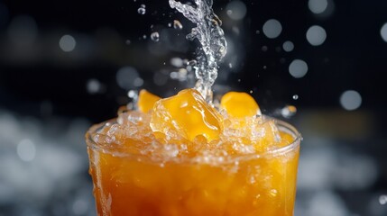 Poster - Bright orange juice pours over ice in a tall glass, creating splashes as water droplets fall. The kitchen is filled with a lively atmosphere, capturing the essence of making refreshing drinks.
