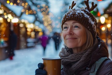 A middle-aged woman in a brown reindeer beanie, holding a hot drink in a snowy street filled with Christmas shops and warm lights, realistic close-up 2