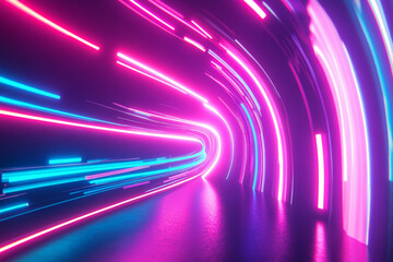 Wall Mural - Abstract glowing light trails, dynamic neon streaks in bright pink and blue tones over a dark background