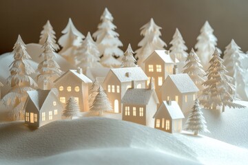 Poster - This intricate paper-cut Christmas village features softly glowing houses nestled among white, snowy trees, creating a magical winter atmosphere. Generative AI