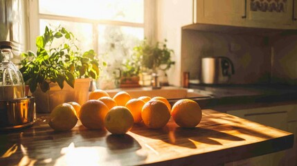 Poster - Bright sunlight filters through the window, illuminating a wooden countertop adorned with fresh oranges. Nearby, green plants add vibrancy to the kitchen during a serene morning atmosphere.
