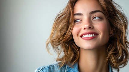 Wall Mural - Smiling young caucasian woman with short brown hair in denim jacket