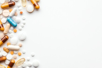 An assortment of colorful medication capsules and pills scattered on a clean white background, perfect for themes of health, wellness, and pharmaceutical discussions.