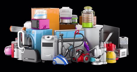 Poster - Colored household and kitchen appliances, rotation animation, seamlessly loopable. 3D rendering isolated on transparent background