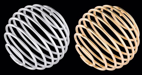Poster - golden and silver spring balls rotation animation, seamlessly loopable. 3d rendering isolated on tra
