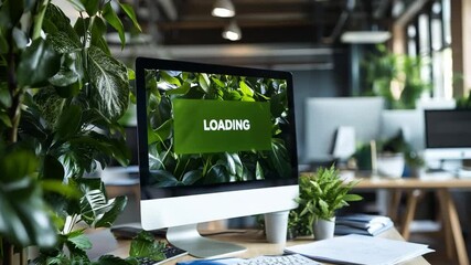 Poster - Loading screen with vibrant green foliage displayed on a modern computer in a stylish workspace