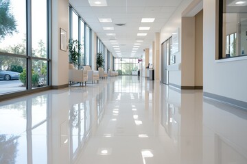 A bright and modern hospital corridor featuring clean lines and ample natural light, symbolizing a welcoming environment focused on patient comfort and health well-being.