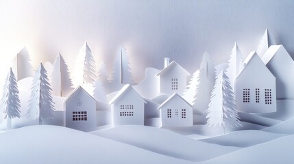 Leinwandbilder - A charming paper-cut Christmas village with white houses and tall trees creates a serene winter atmosphere for the holidays. Generative AI
