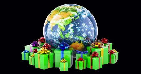 Poster - Green gift boxes with Earth Globe rotation animation, seamlessly loopable. 3D rendering isolated on transparent background