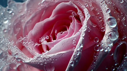 Wall Mural - Close-up view of a pink rose covered in water droplets after rain in a serene garden setting