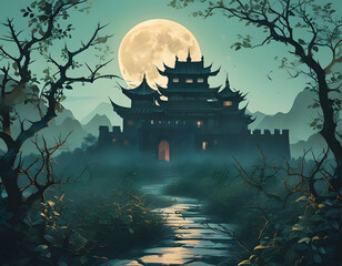 Japanese Pagoda Under the Moon