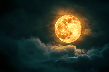Wall Mural - The full moon shines through the clouds in the dark sky