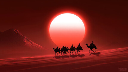 Canvas Print - A caravan of camels crossing a vast, red desert under a blazing sun