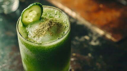 Poster - A vibrant glass of green juice is placed on a wooden surface, garnished with a slice of cucumber.