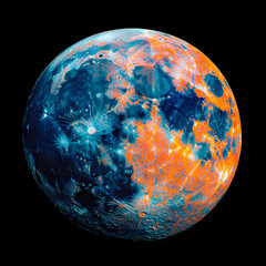 Wall Mural - An orange and blue moon with an Earth-like surface, on a black background