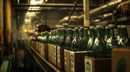 Leinwandbilder - Workers prepare fresh juice in a factory environment surrounded by rows of green glass bottles on the production line. The setting shows industrial machinery and organized packaging operations.