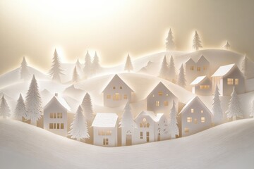 Poster - Beautifully crafted paper-cut Christmas village showcases intricate designs of houses and trees in a serene winter landscape. Generative AI