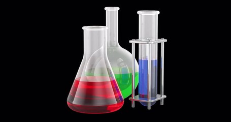Poster - set of chemical flasks with colored liquid rotation animation, seamlessly loopable. 3d rendering iso
