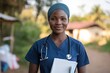 © Milos - A nurse in a blue uniform stands outdoors radiating confidence and warmth, embodying compassion and care in the medical profession amidst a natural setting.