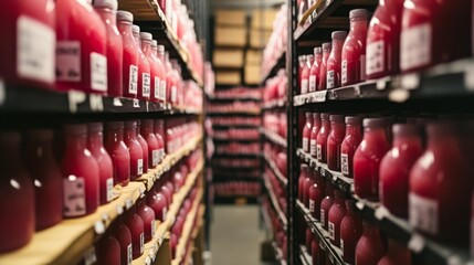 Fototapete - Rows of colorful juice bottles fill the shelves of a large storage area. The bottles, neatly arranged, display various juice flavors.