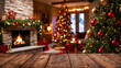 © Wojciech - Holiday able with christmas tree and fireplace with copy space. Christmas table, free space.
