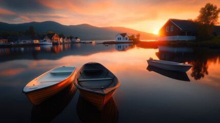 Wall Mural - A peaceful lakeside village at sunset, boats gently rocking in the water