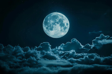 Wall Mural - A full moon shining in the night sky, surrounded by clouds, creating an atmosphere of mystery and romance